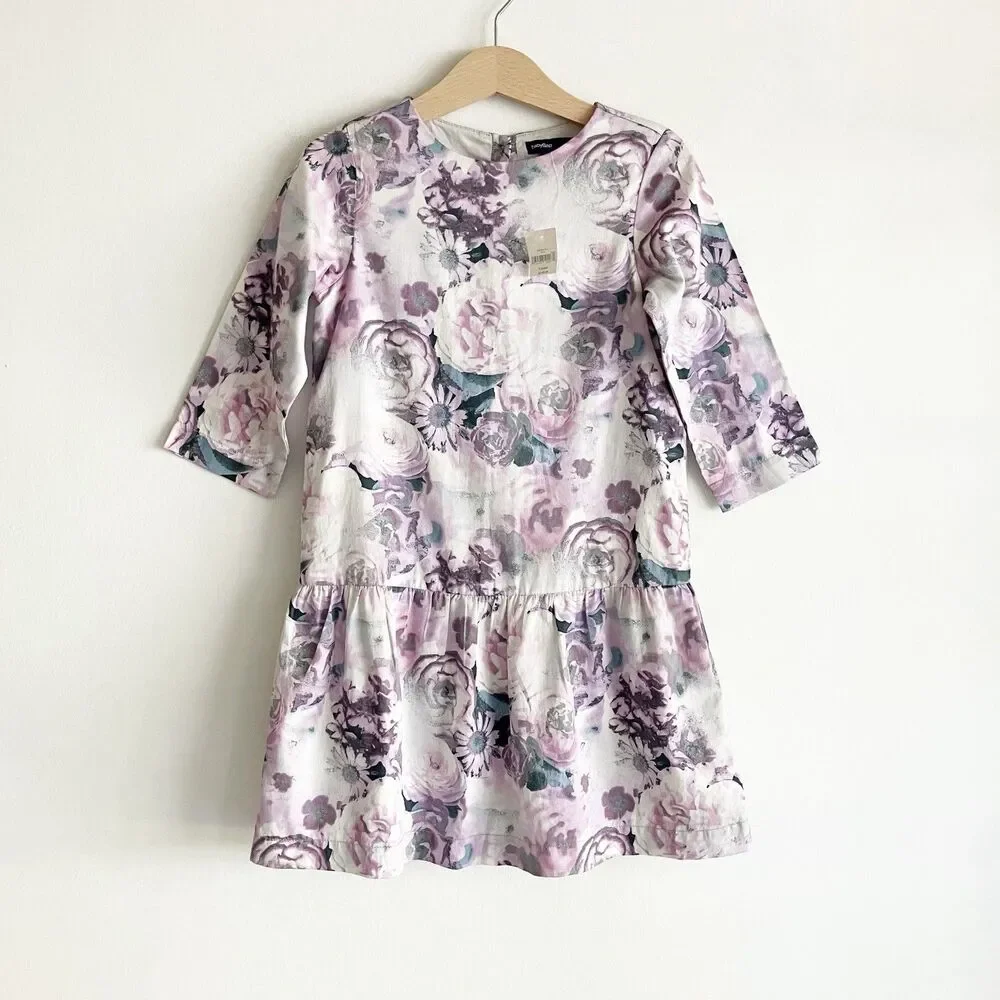 New babyGap Floral Print Dress Girls Sz 5 Purple Drop Waist 100% Cotton NWT
